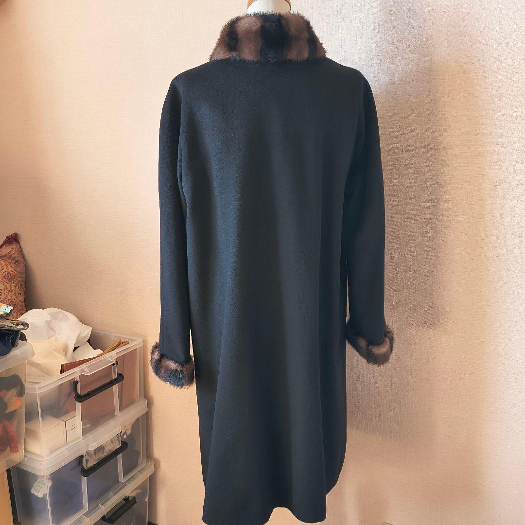 Dazur 毛皮の襟付き 黒 ロングコート F カシミヤ100% ミンク