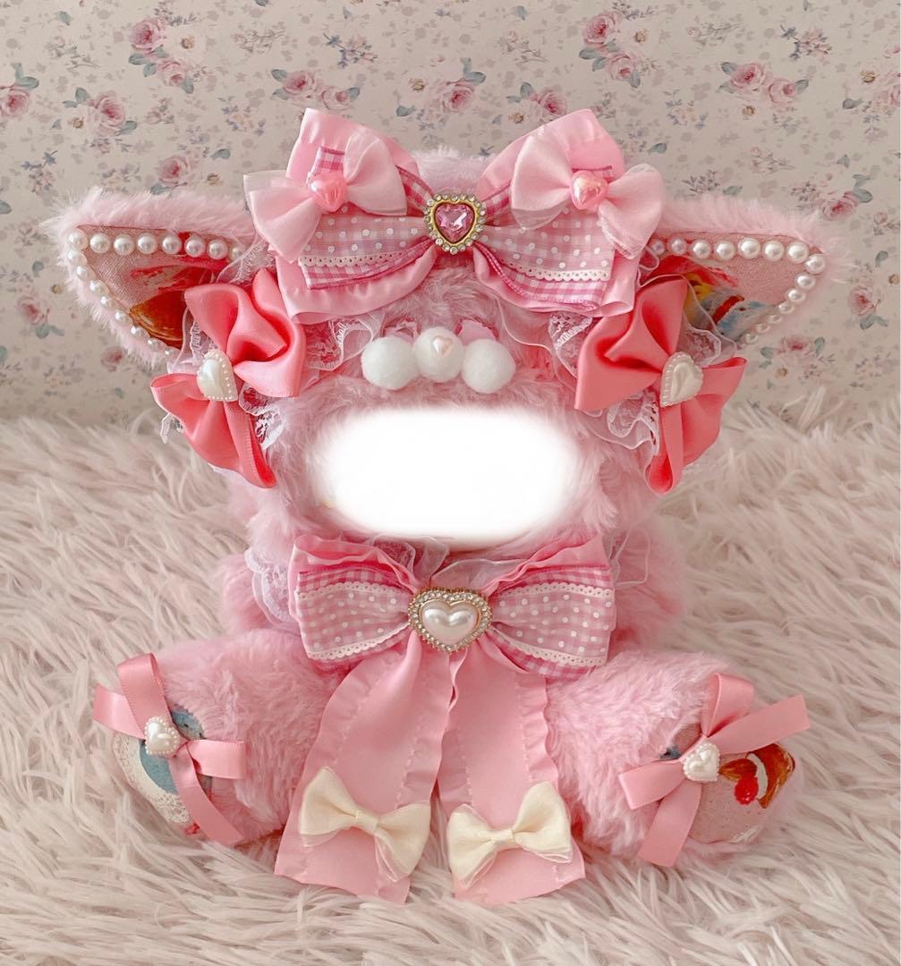 おすわり１６ｃｍぬい服♡猫の着ぐるみ♡甘ロリ姫系マカロンスイーツ柄♡ピンク