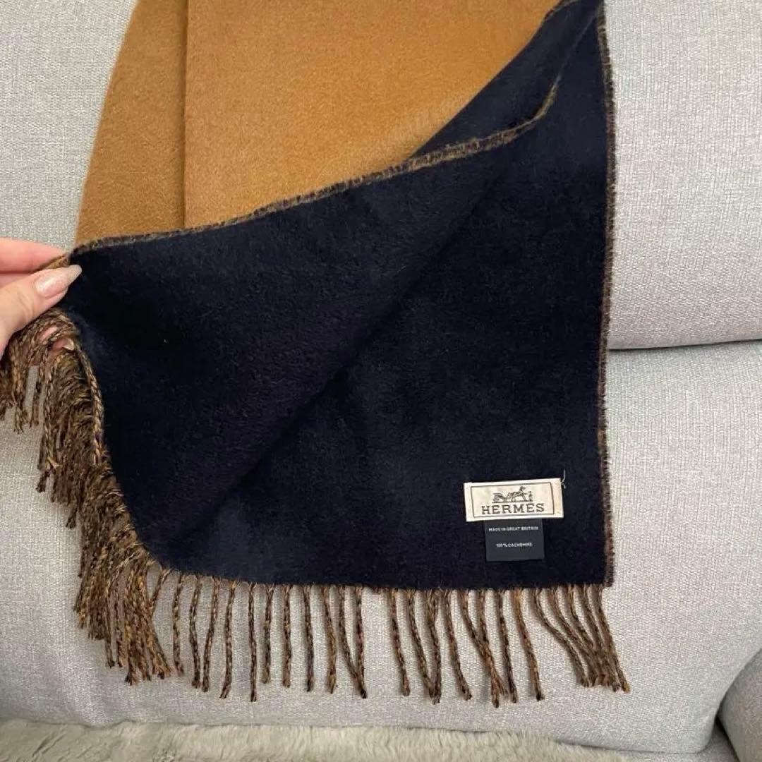 HERMES ブラウン ウール マフラー フリンジ付き