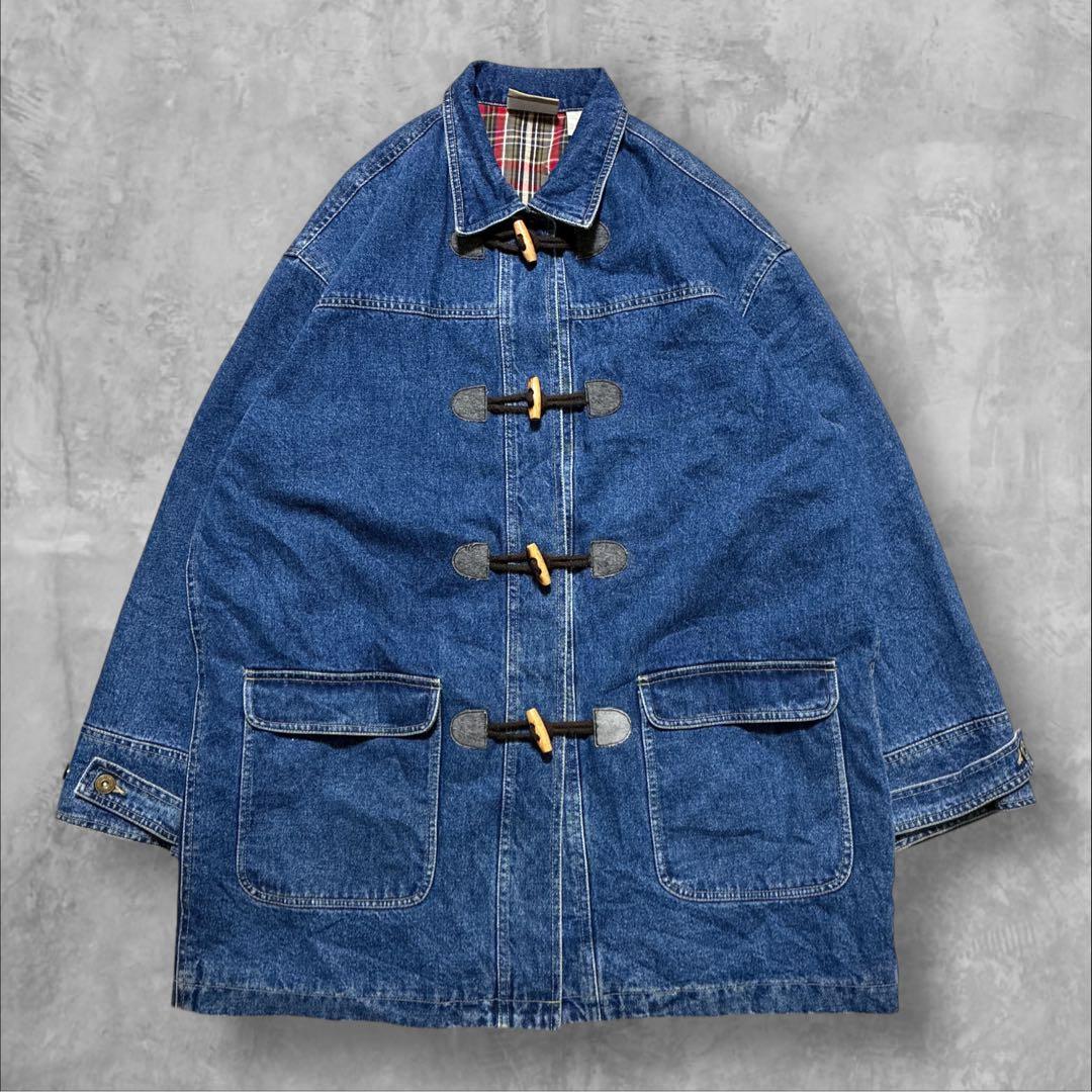 Liz Claiborne デニムダッフルコート チェック裏地 トグル L 古着