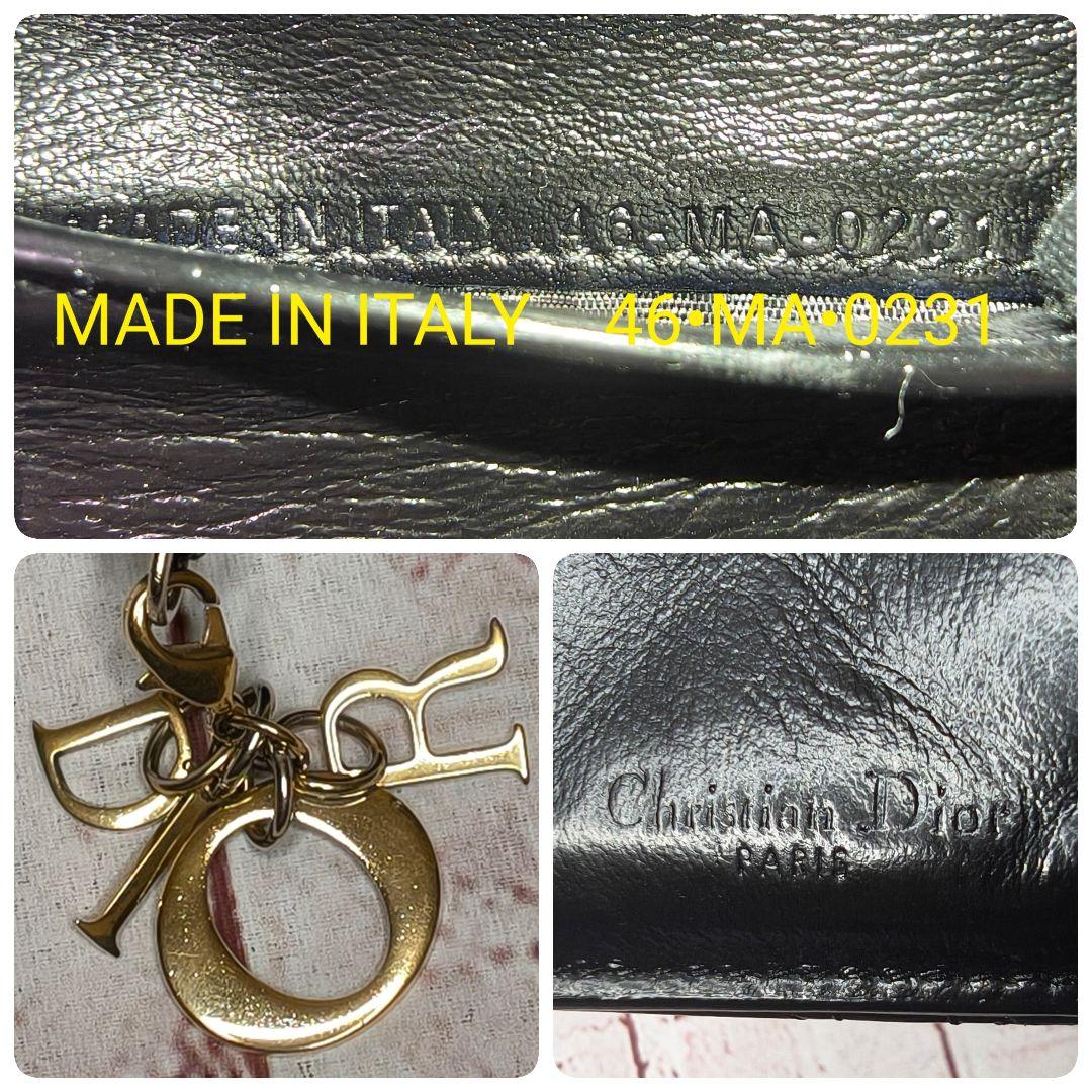 【美品】ディオール 三つ折財布 ロータス カナージュ エナメル ラムスキン／黒K
