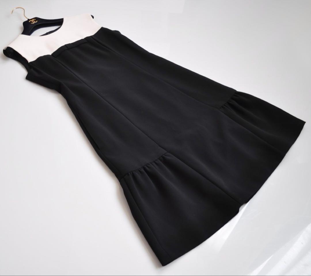 ルネ ♡ 上品 バイカラーワンピース 黒×アイボリー白 フロント小リボン