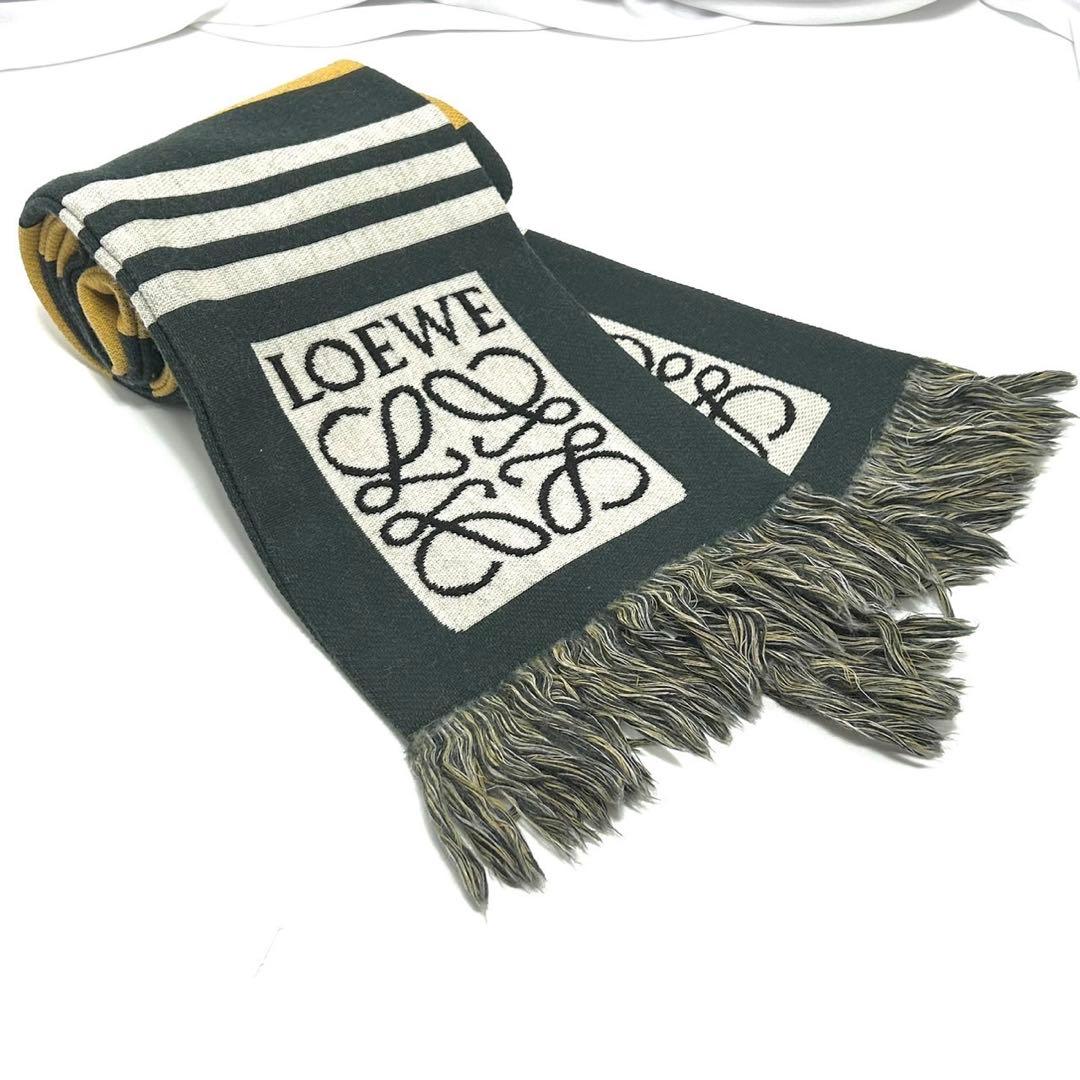 LOEWE マフラー ウール アナグラム ロゴ イエロー×グリーン ボーダー