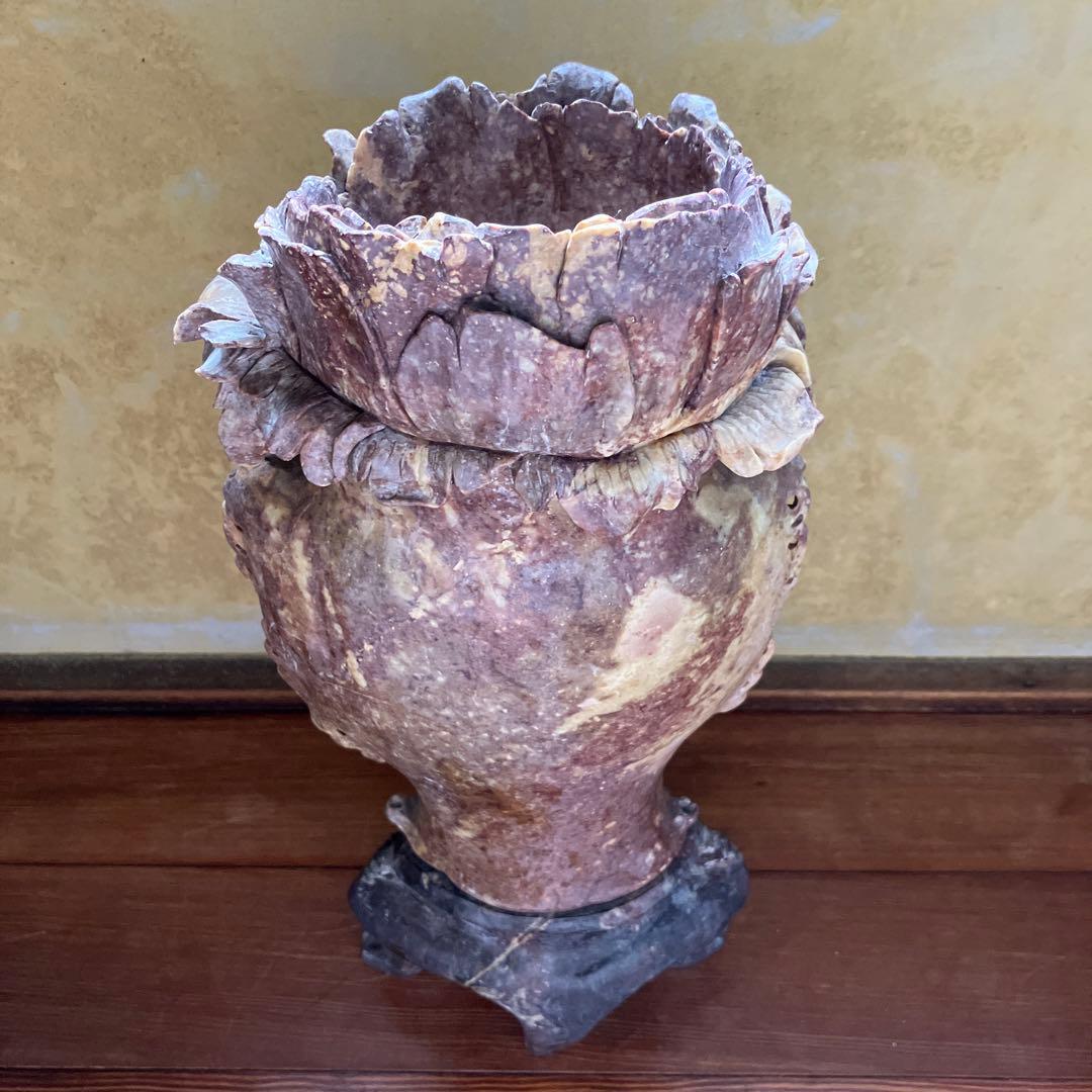 中国美術 石彫刻 細密彫刻 花瓶 45cm 中国 唐物 寿山石 骨董品 時代物