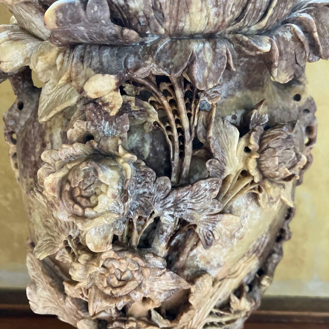 中国美術 石彫刻 細密彫刻 花瓶 45cm 中国 唐物 寿山石 骨董品 時代物