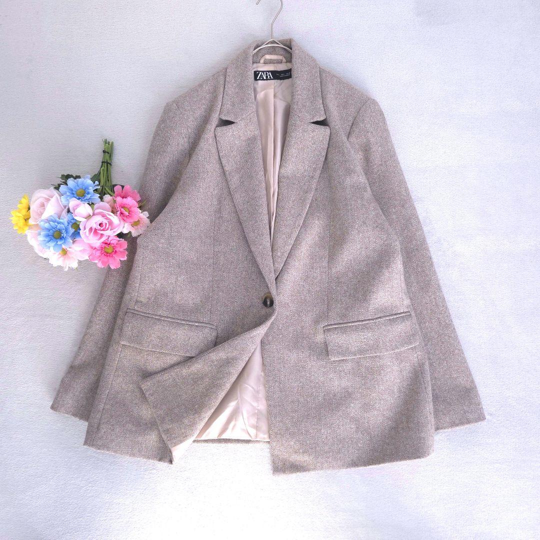 美品 ザラ ヘリンボーンウールブレンドストレートブレザー L
