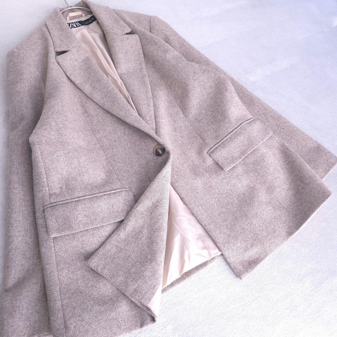 美品 ザラ ヘリンボーンウールブレンドストレートブレザー L