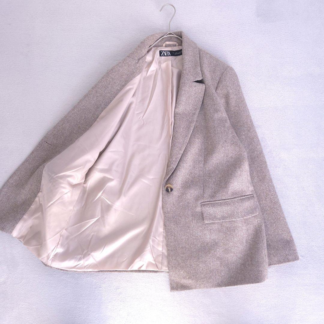 美品 ザラ ヘリンボーンウールブレンドストレートブレザー L