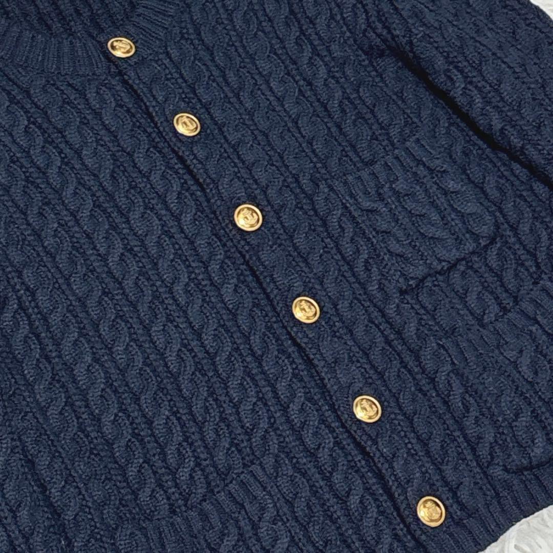 美品☆MACPHEE ニットケーブルカーディガン　金ボタン　ネイビー　S