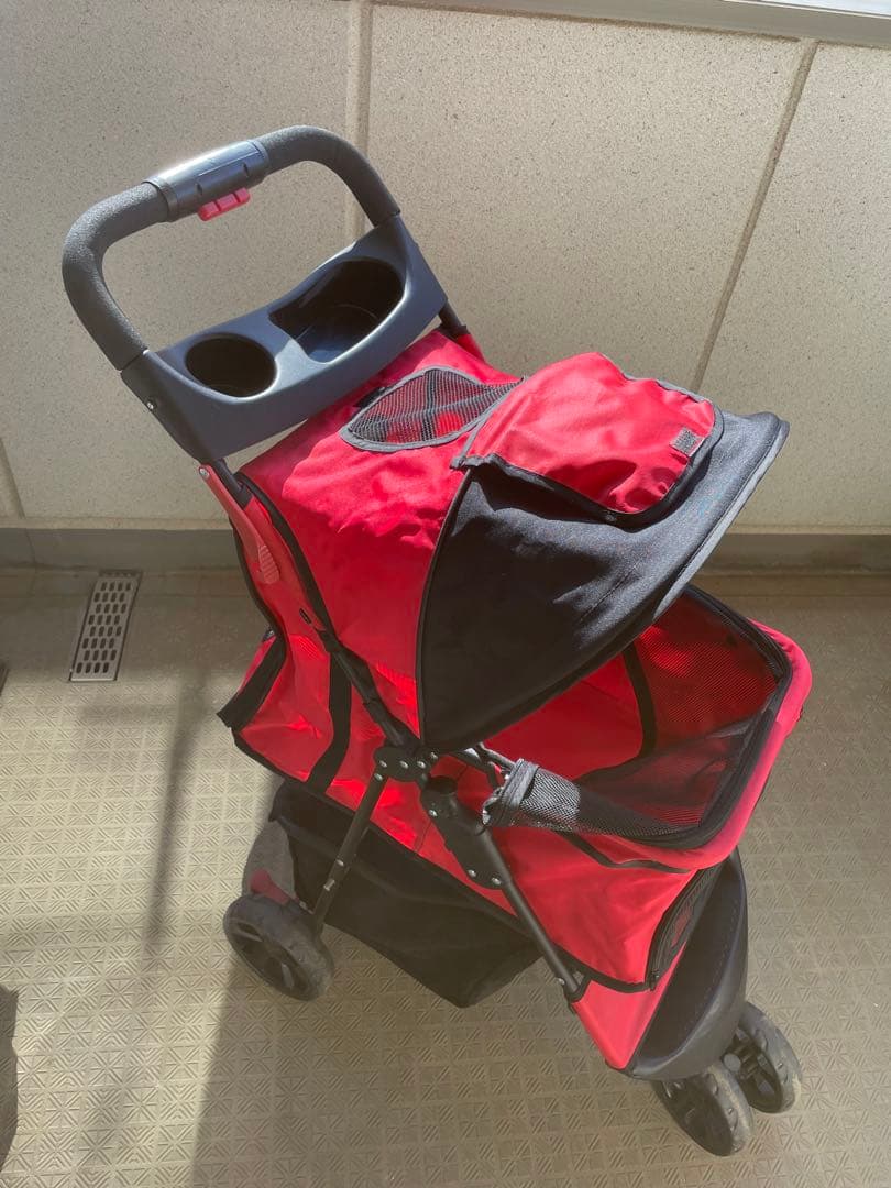折りたたみ式ペットカート 犬用 猫用 荷物カゴ付　赤　専用レインカバー付