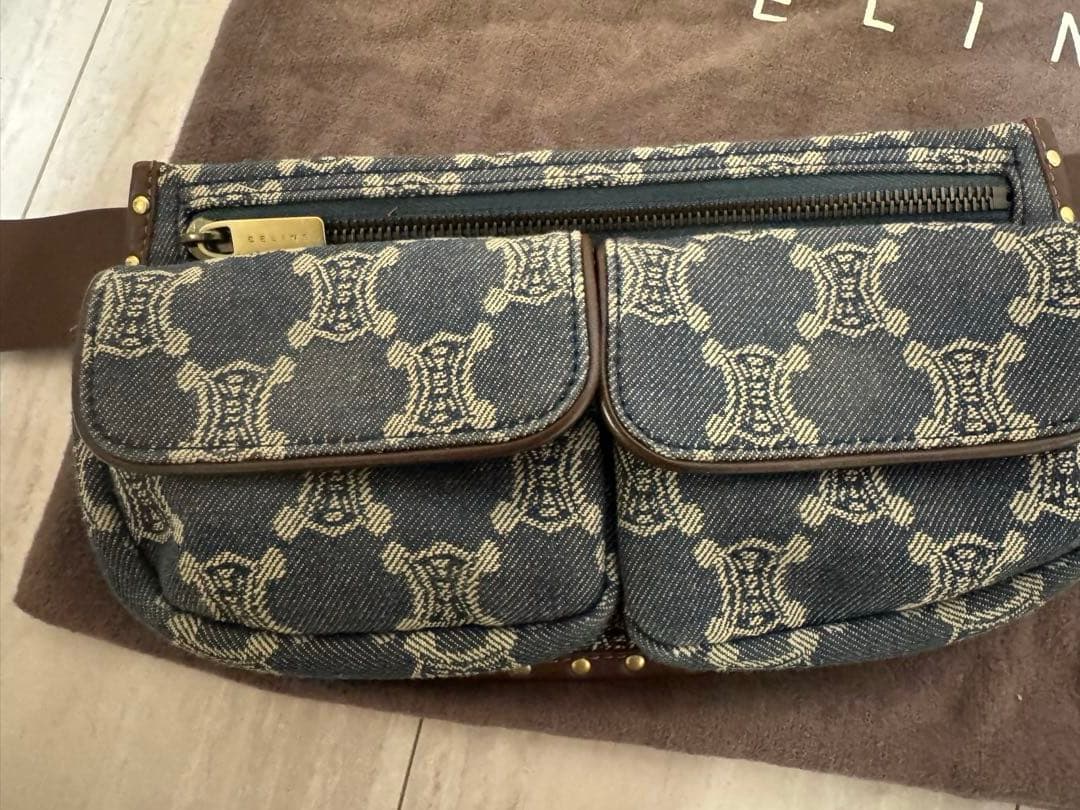 CELINE セリーヌ　ウエストバッグ　マカダム柄　ブルーデニム×レザー