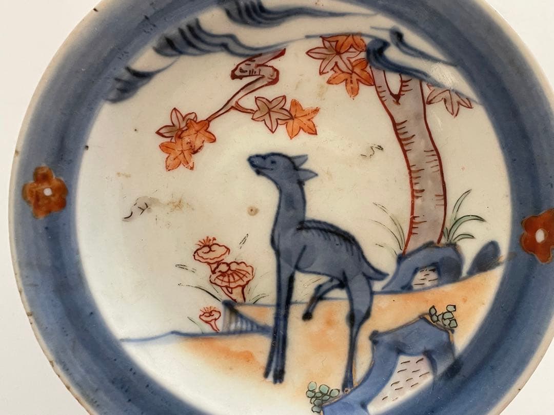 骨董　アンティーク　古伊万里　色絵　鹿に紅葉　霊芝　小皿　丸皿
