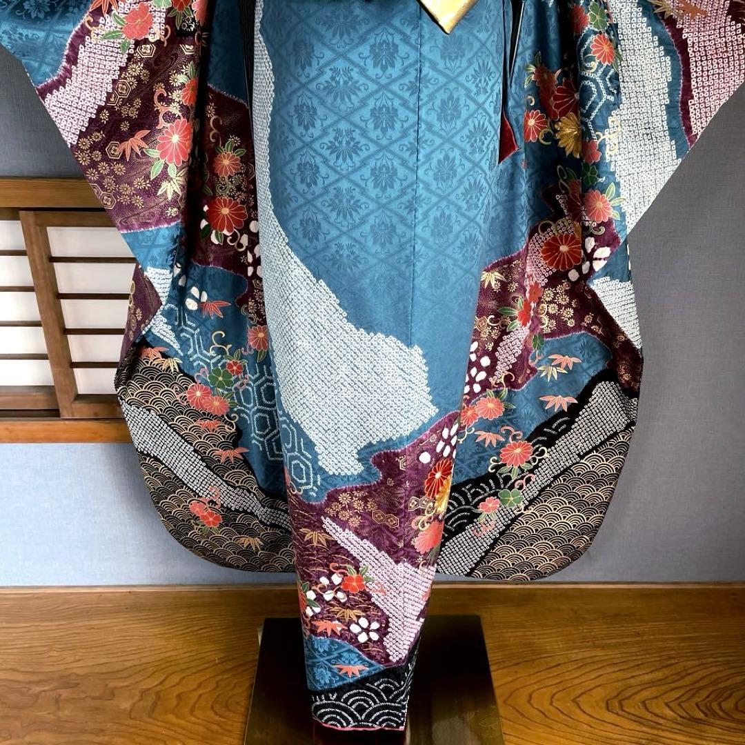 やっぴーママページ　絞り　手刺繍　成人式振袖　振袖　裄丈70 ➕サイズ　青