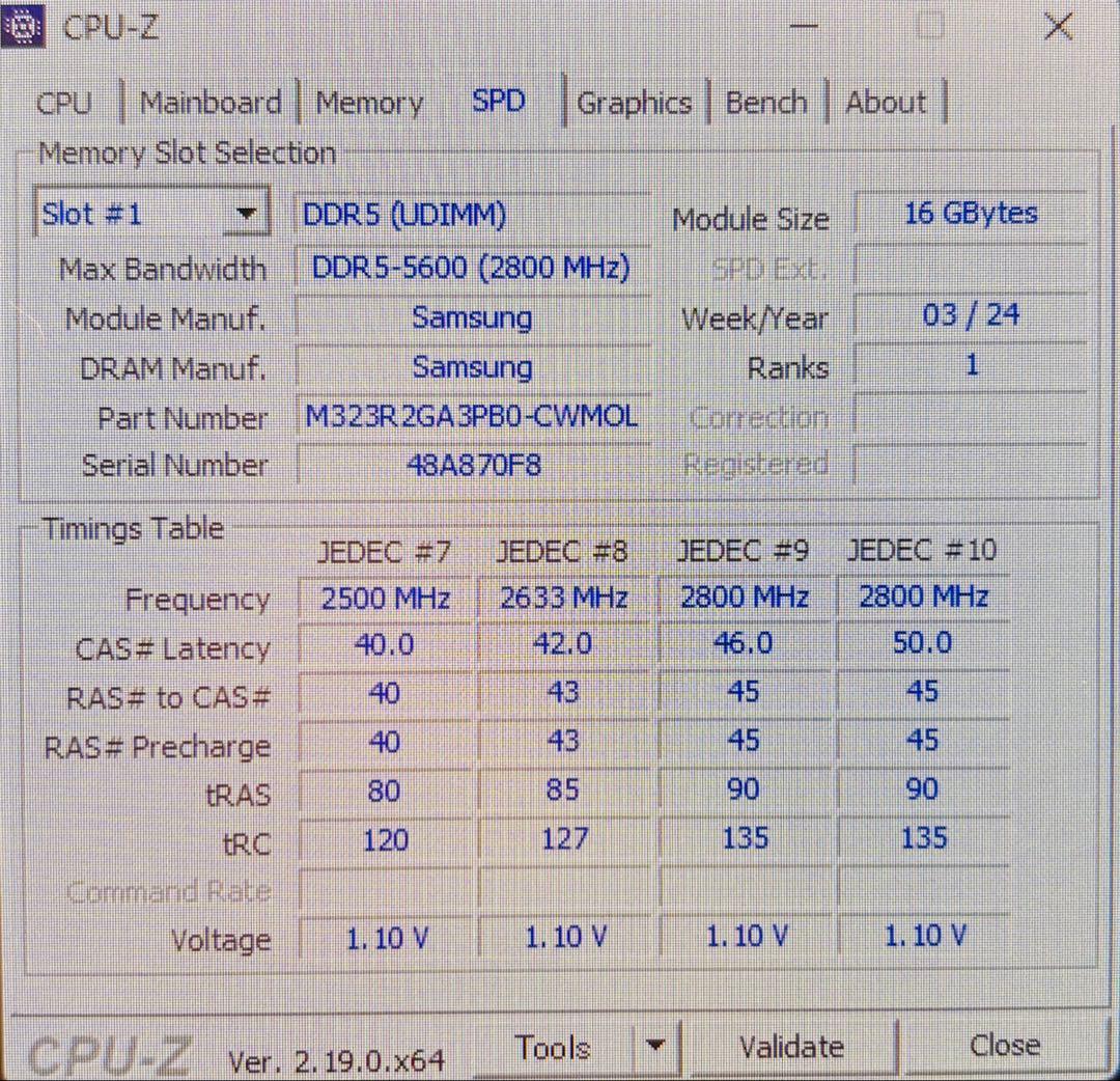 極美品Samsung DDR5-5600 (PC5-44800) 16GBx1枚