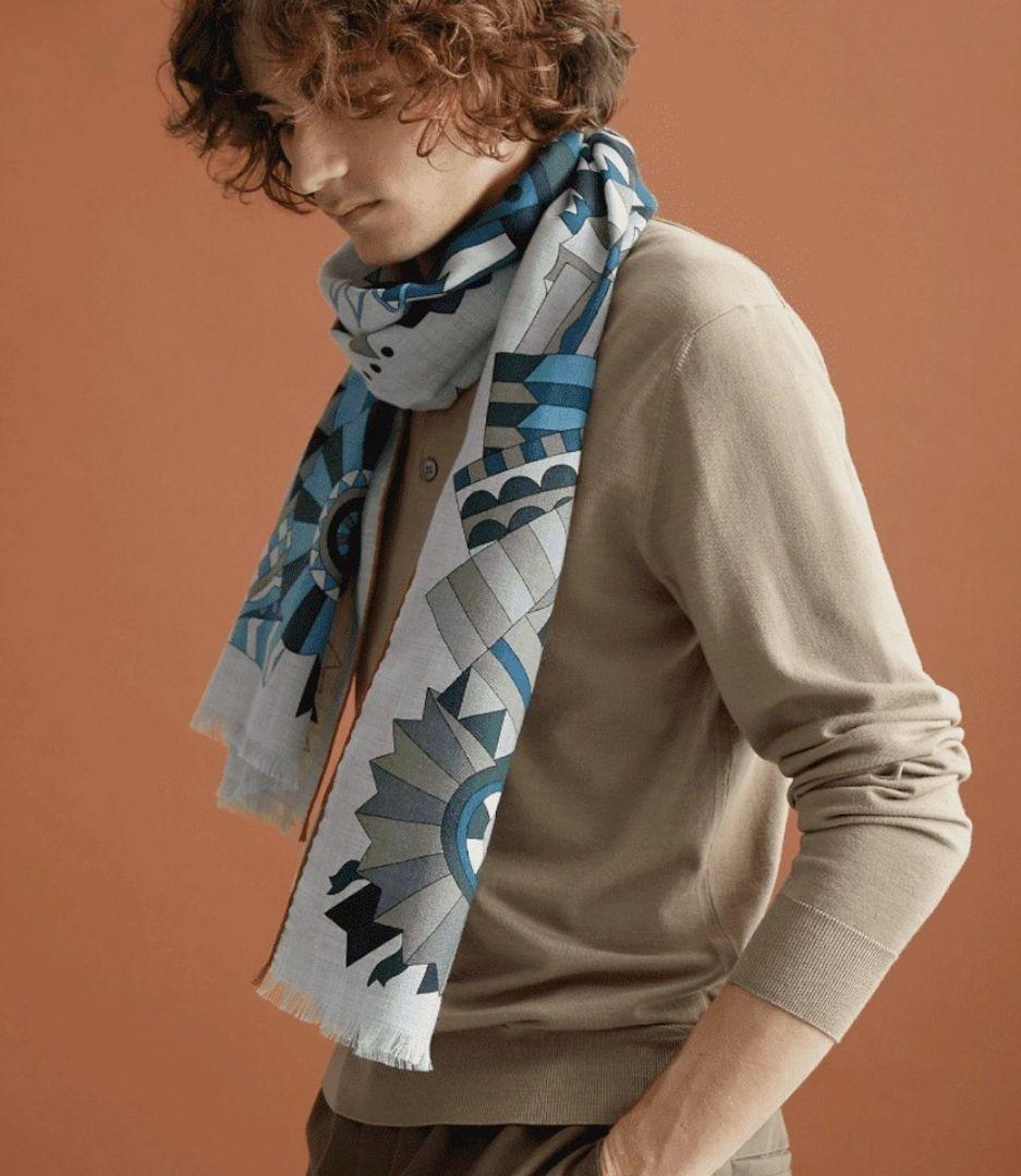 HERMES レクタングル シュヴァル・ドゥ・フェット シルクカシミヤストール