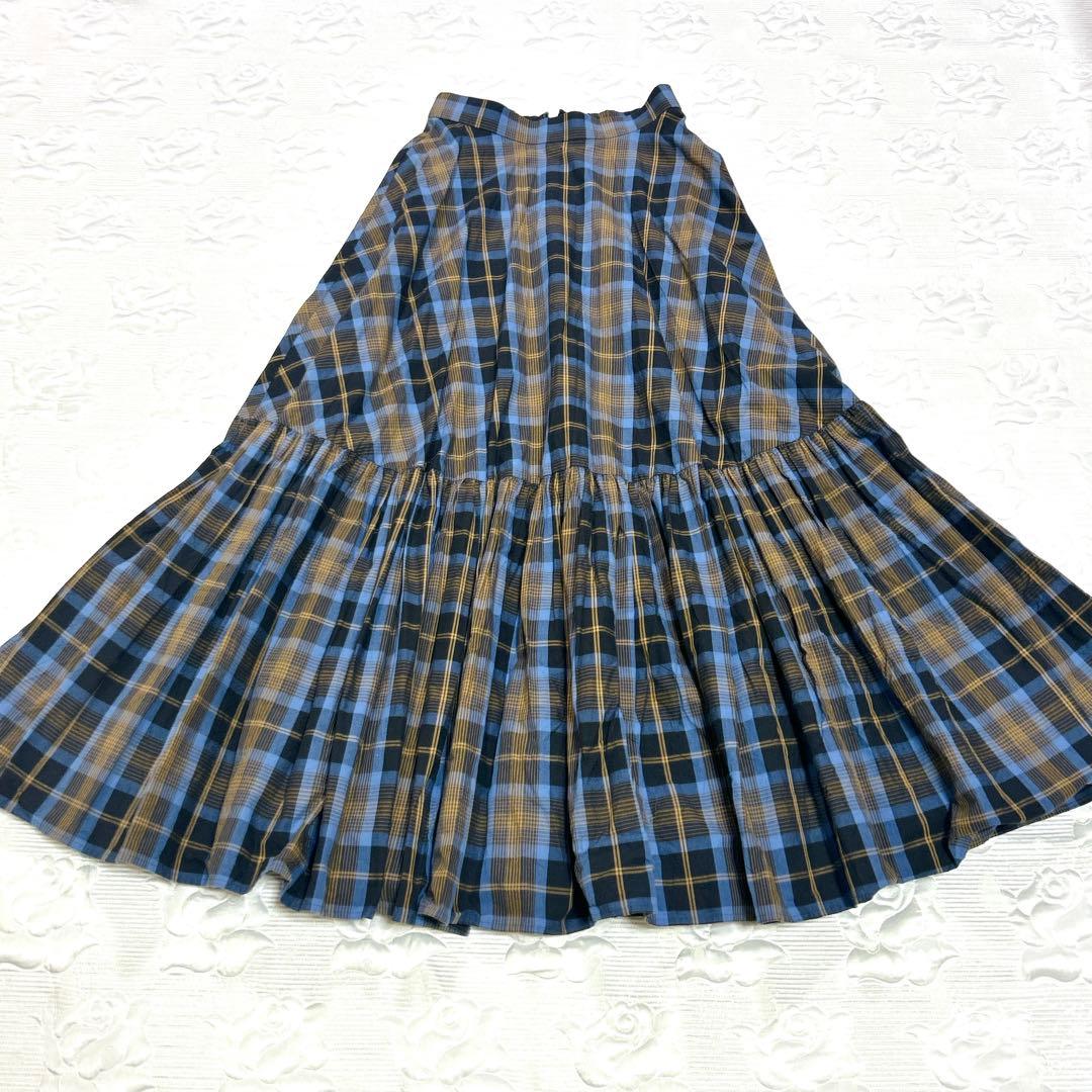 美品❤︎カレンソロジー チェックティアードスカート マキシ丈 洗える ブルー 36