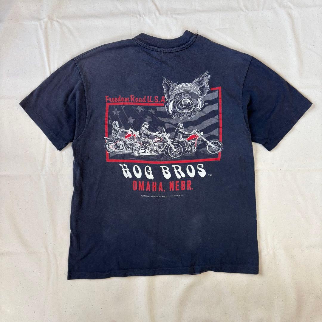 80s HOG BROS Tシャツ L バイカー ハーレー フェード ビンテージ