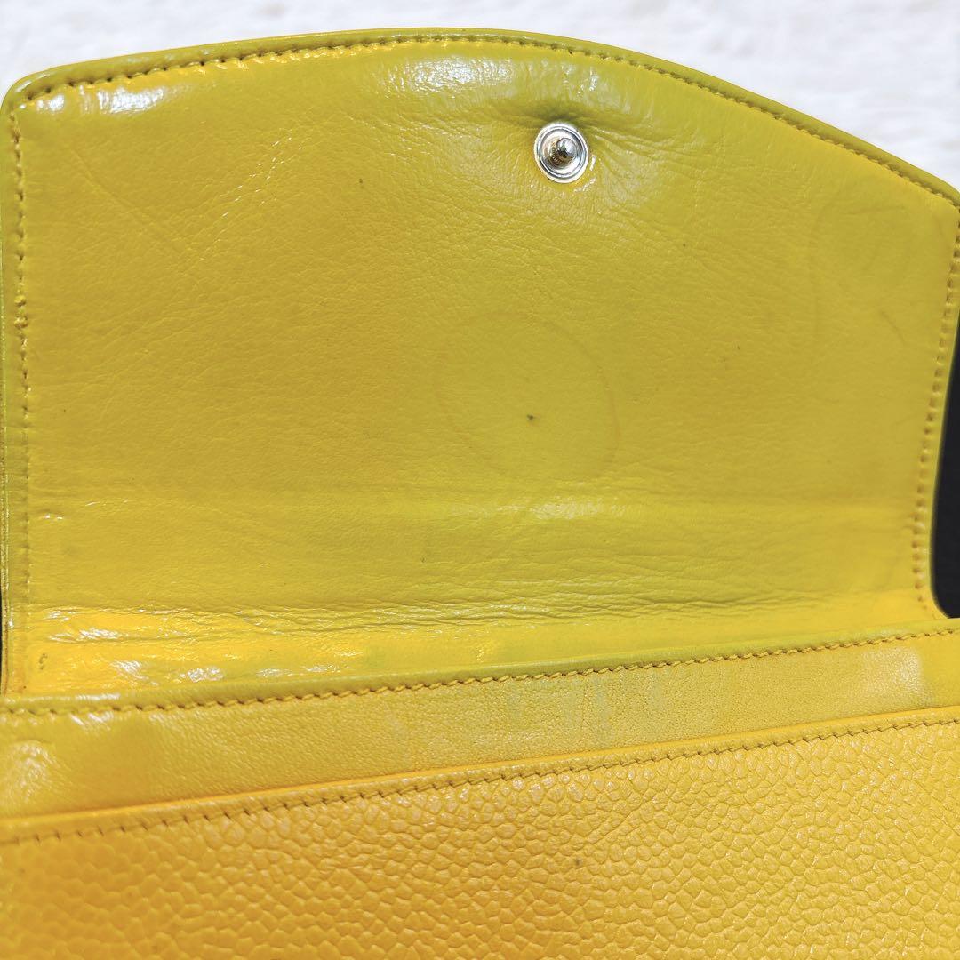 【シャネル】キャビアスキン 二つ折り 財布 チェーンウォレット イエロー 正規品