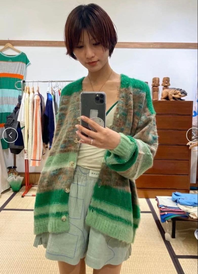 28 PAMM 汽水域の ニット カーディガン 緑 古着 傷汚れ無 フリーサイズ