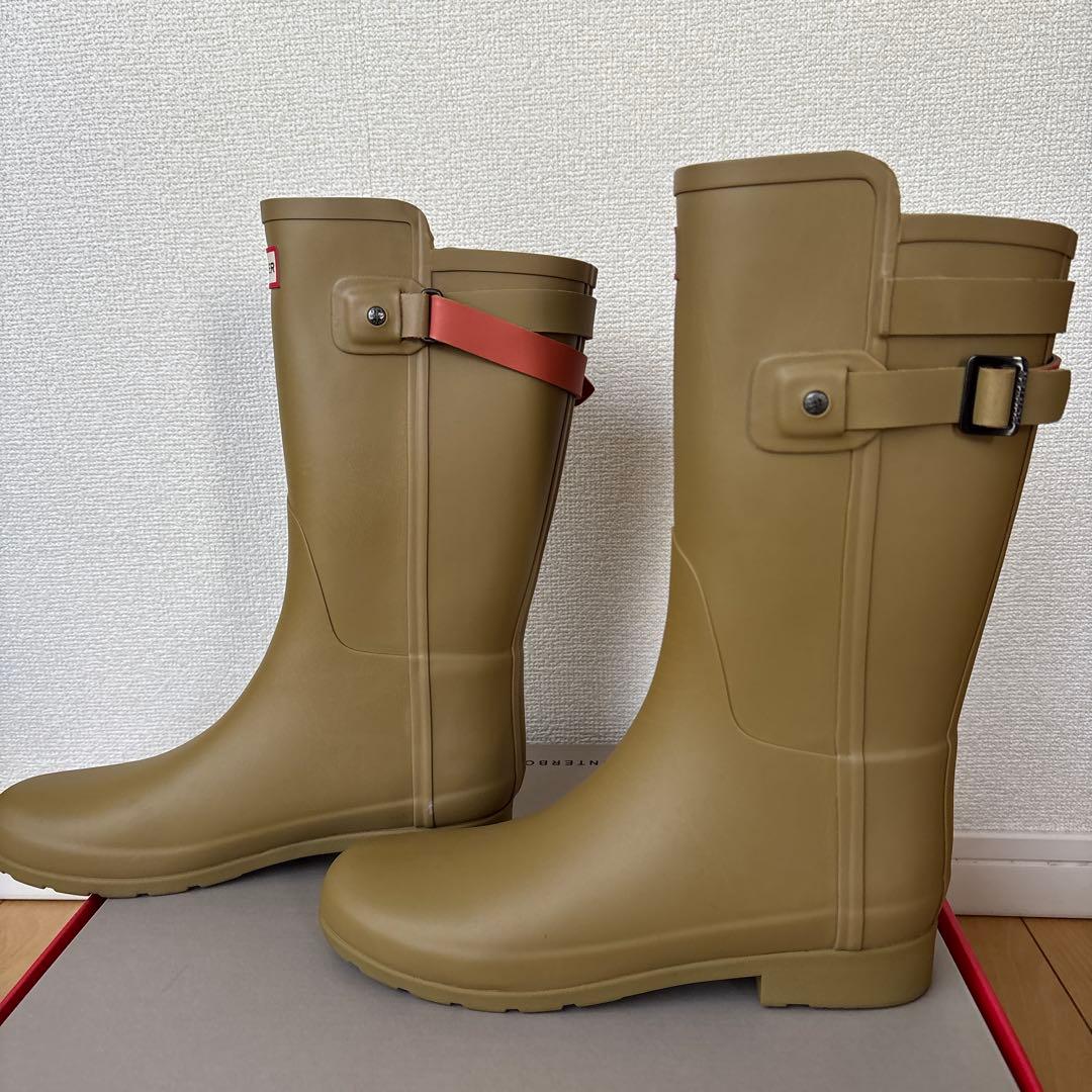 [美品]ハンターHUNTER 24.5cm ベージュオリーブ ロングレインブーツ