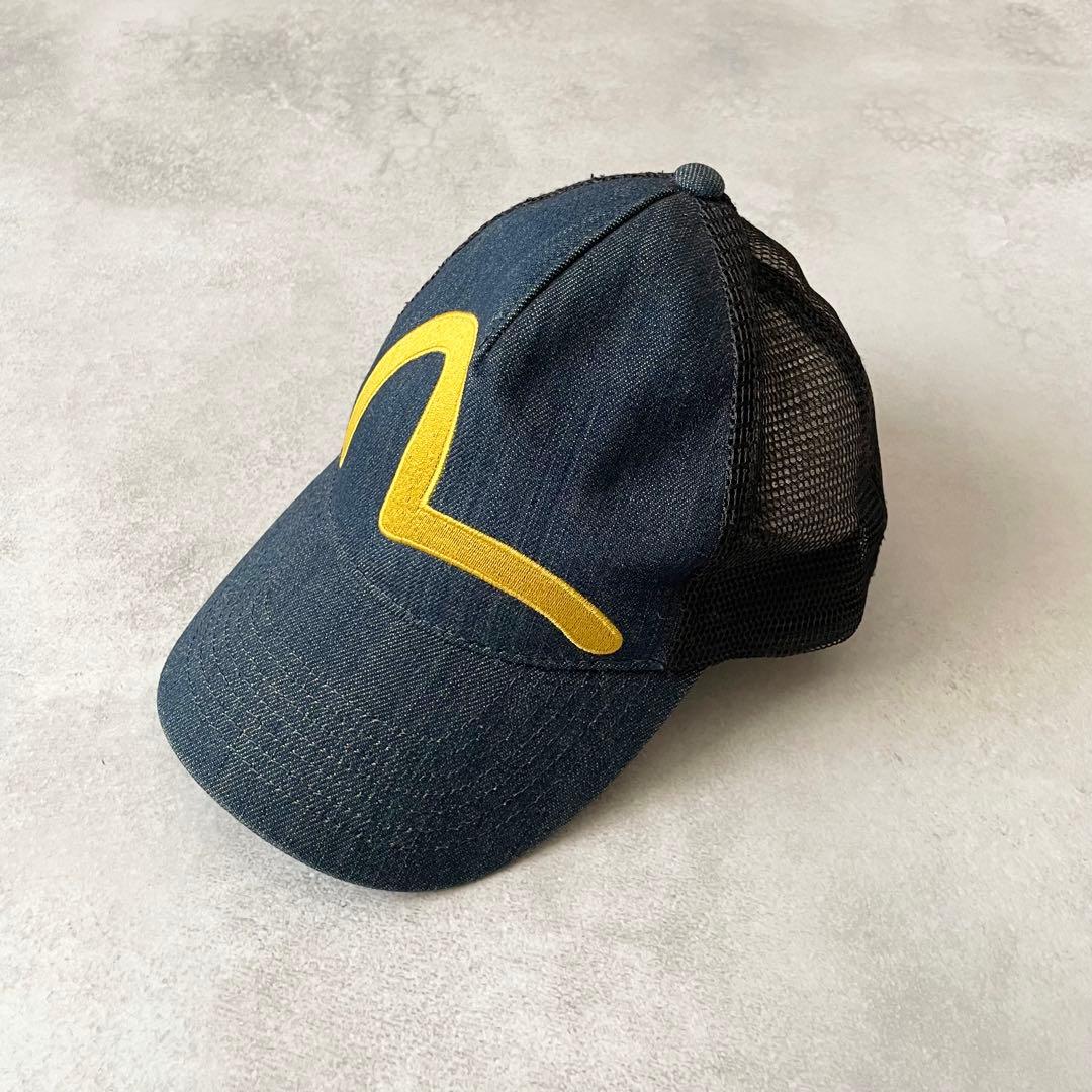 EVISU デニムキャップ カモメ刺繍 イエロー インディゴ メッシュ エヴィス