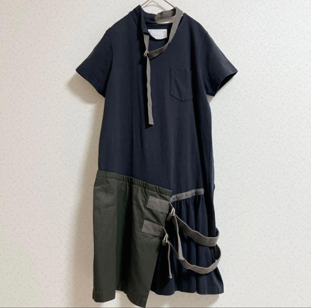 sacai　ワンピース　ドッキング　レイヤード　ベルト　コットン　ネイビー　M