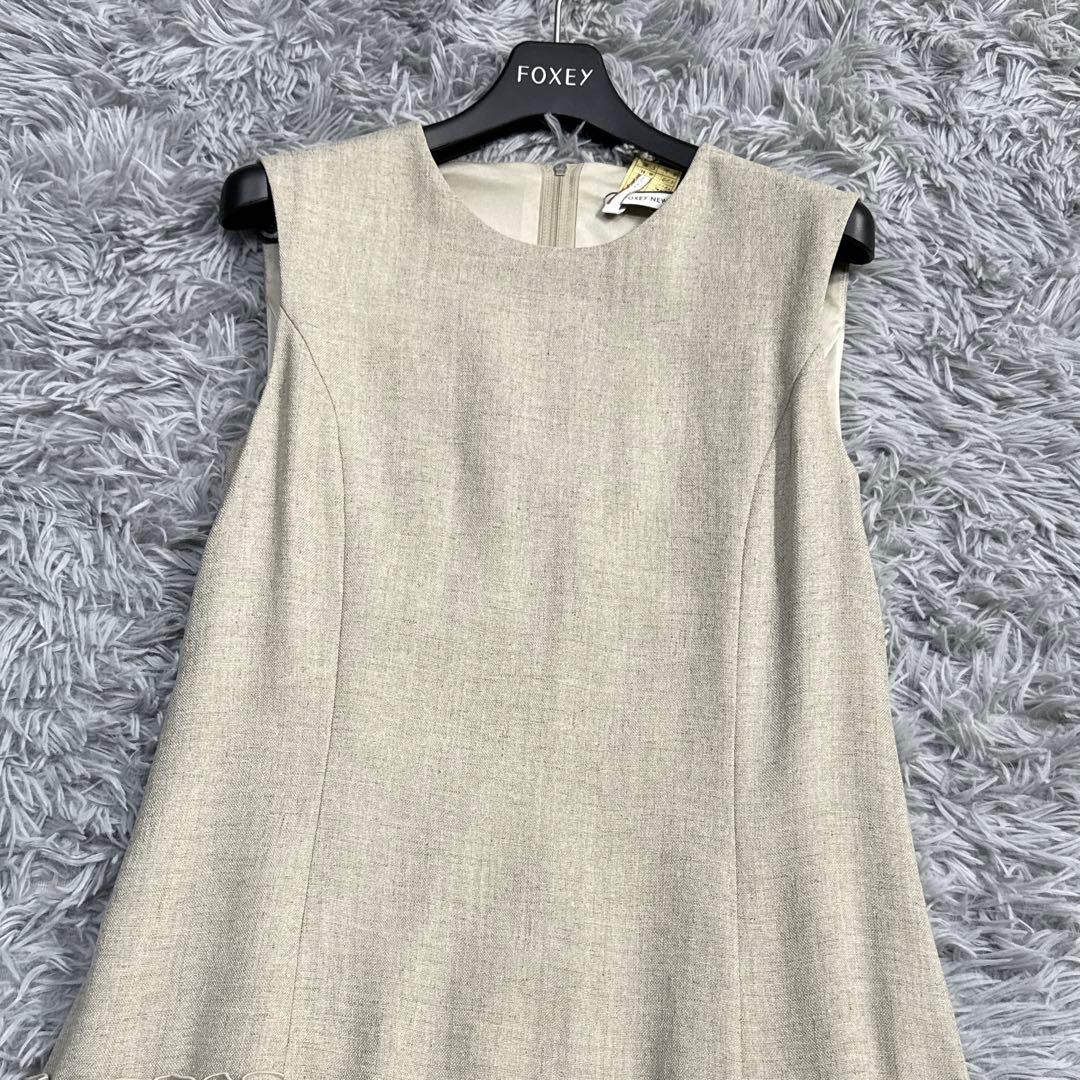 美品✨フォクシー ギャザーフリルワンピース リネンライクドレス サンドベージュ