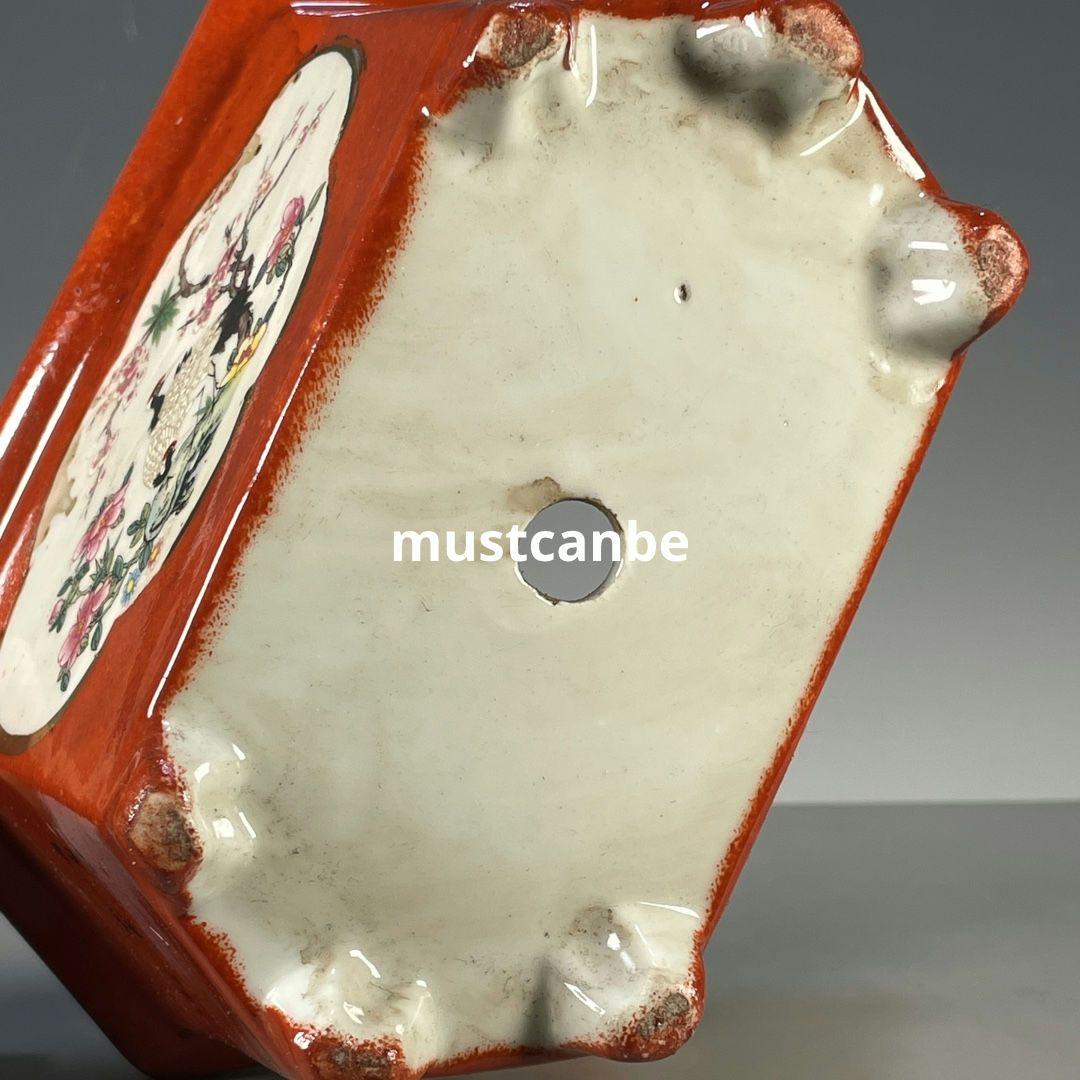 沙紅開窓花鳥図紋六稜鉢 景徳鎮 陶磁器 装飾品 現代工芸品 美術品 置物