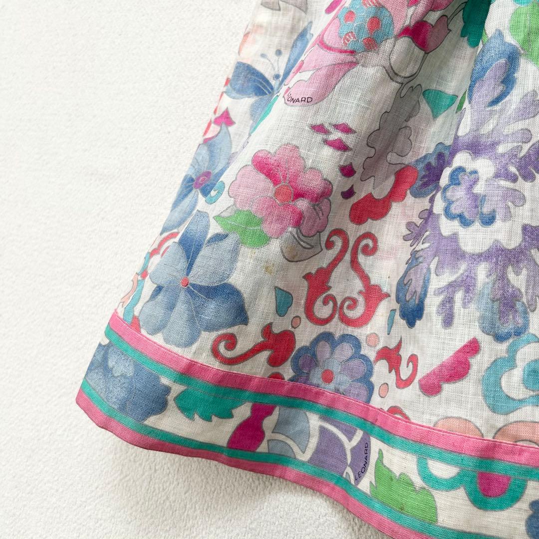 【レオナール】スプリングコート　M　麻　トリム　花柄　ダブルブレスト　華やか