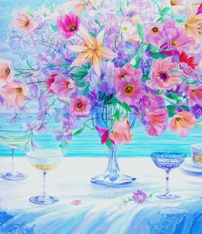 花　フラワー　水彩画　ブルー　ピンク　アートフラワー　青　フラワーアレンジメント