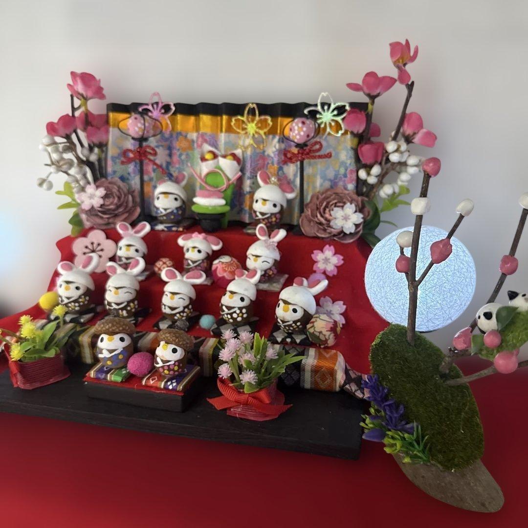 どんぐりアート♡三段飾りお雛様うさぎ帽子オブジェ♡
