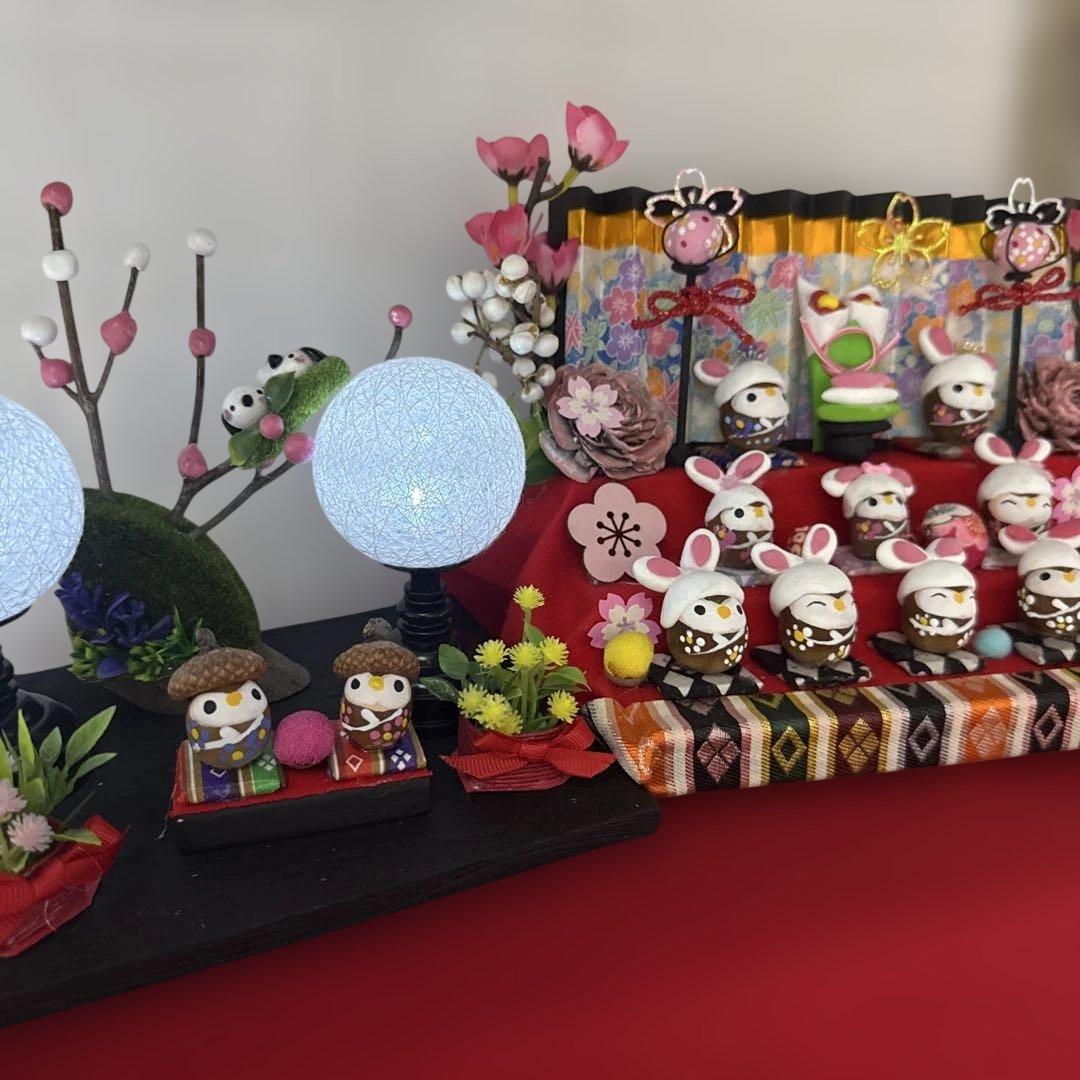 どんぐりアート♡三段飾りお雛様うさぎ帽子オブジェ♡