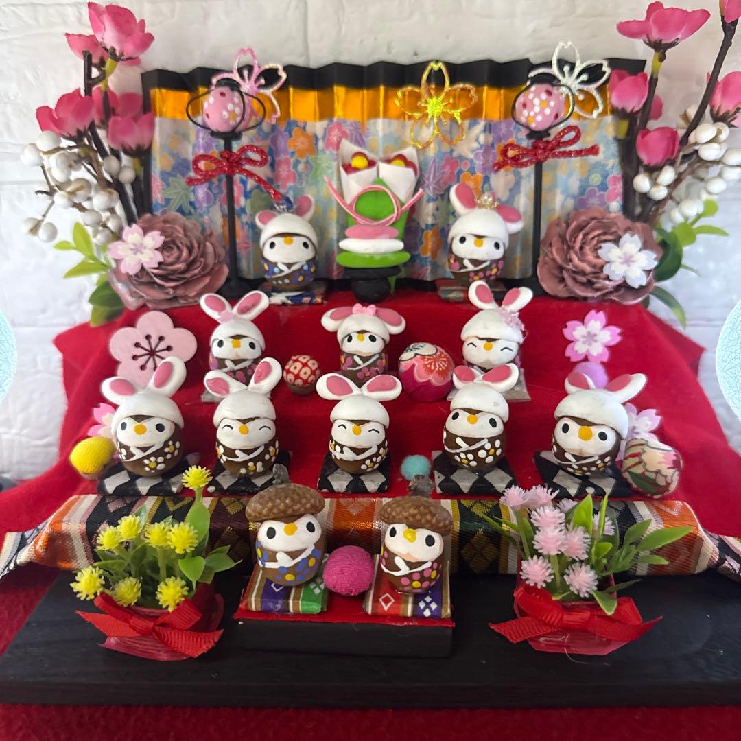 どんぐりアート♡三段飾りお雛様うさぎ帽子オブジェ♡