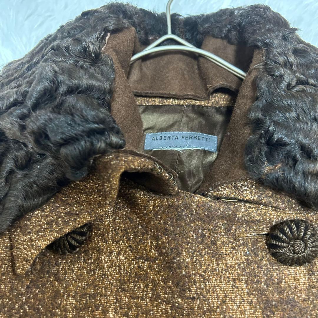 A FERRETTI ウールコート ファー衿 ダブルボタン ブラウン