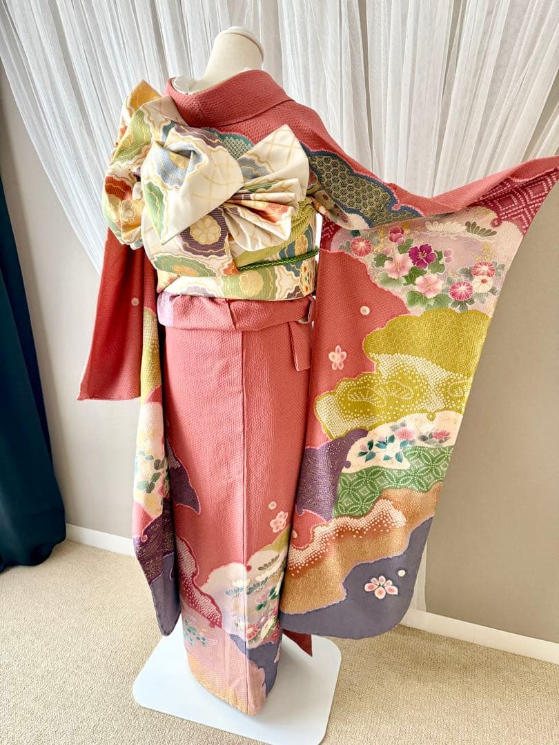 未使用品　振袖フルセット　手差し友禅　刺繍　新品長襦袢　トールサイズ　裄丈70