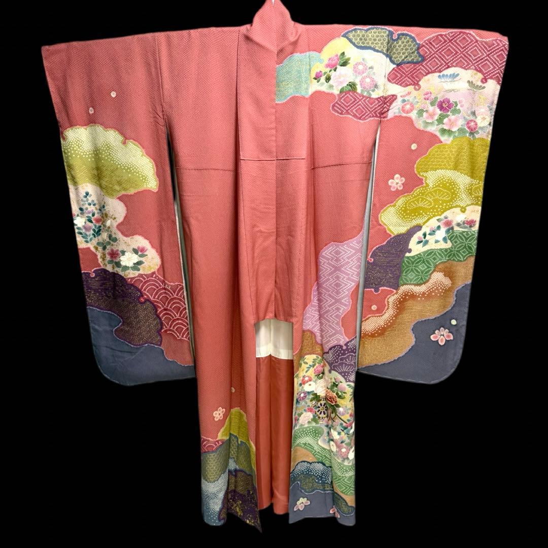 未使用品　振袖フルセット　手差し友禅　刺繍　新品長襦袢　トールサイズ　裄丈70