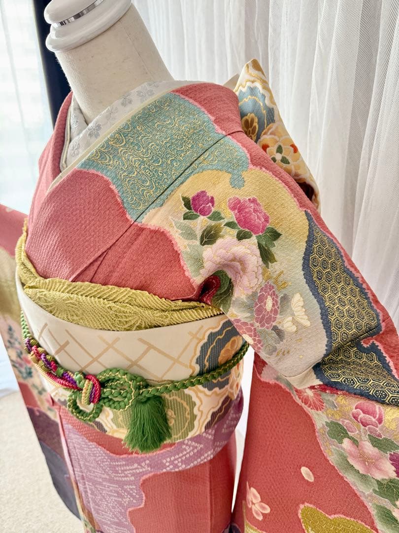 未使用品　振袖フルセット　手差し友禅　刺繍　新品長襦袢　トールサイズ　裄丈70