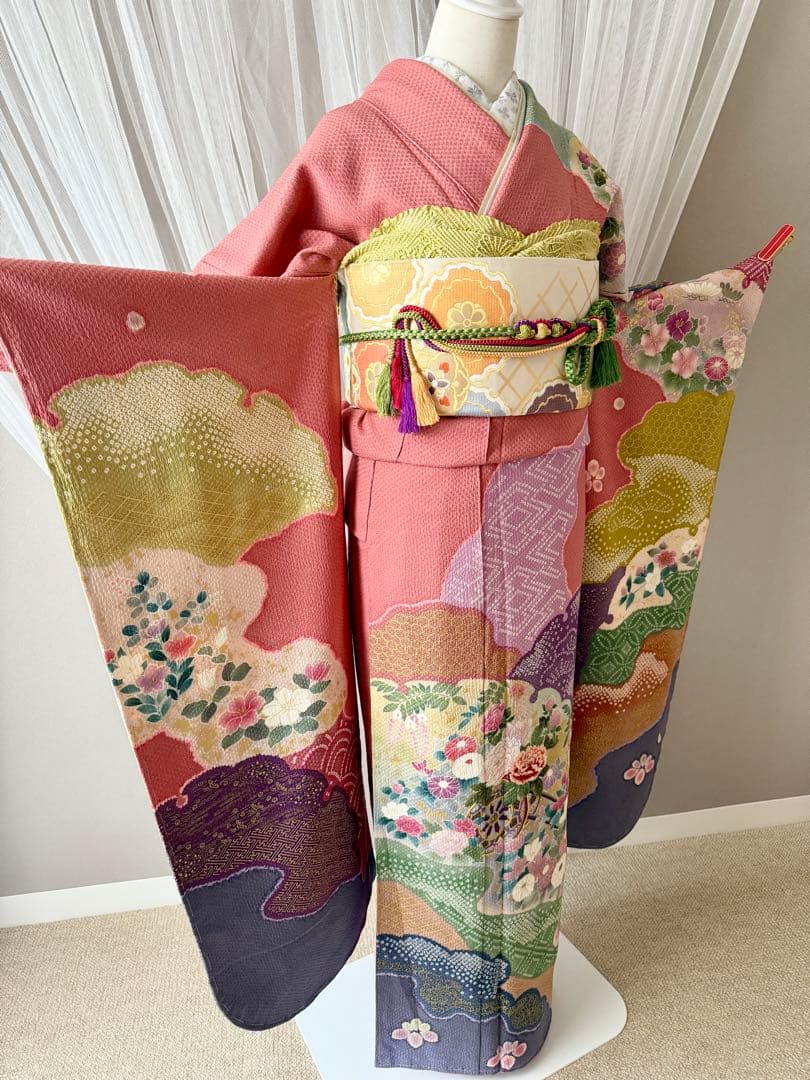 未使用品　振袖フルセット　手差し友禅　刺繍　新品長襦袢　トールサイズ　裄丈70