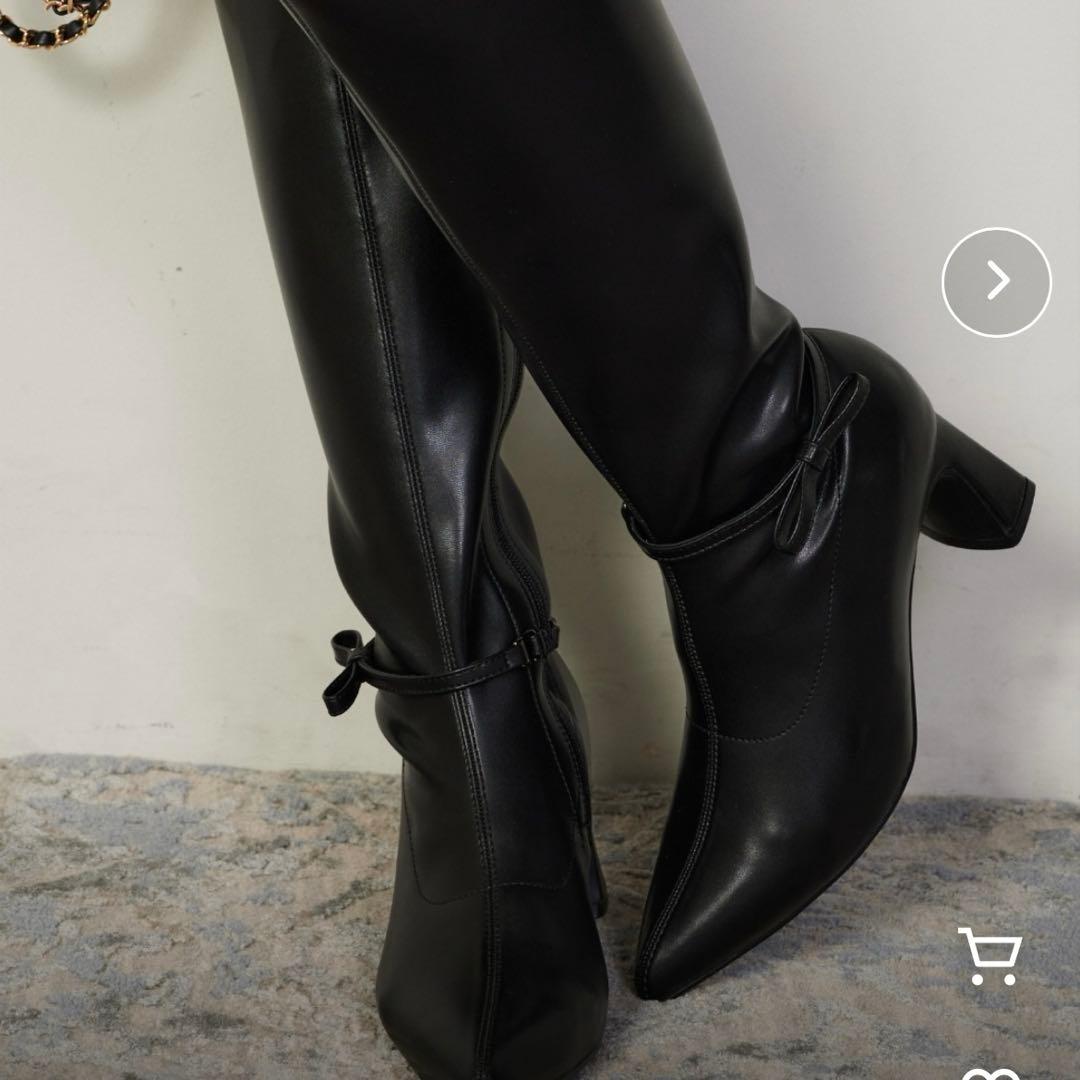 ナイスクラップ　ポインテッドストレッチロングブーツ　黒　リボン