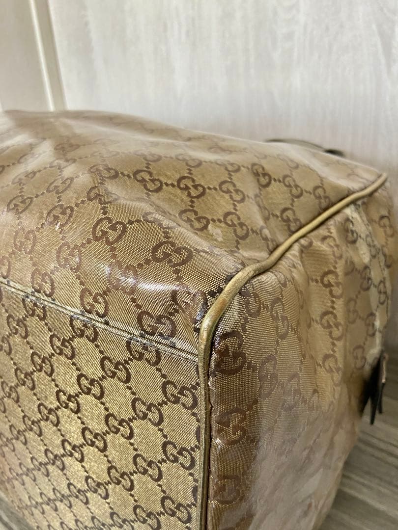 GUCCI ボストンバッグ　GG柄　クリスタル　シェリーライン　ゴールド　レザー