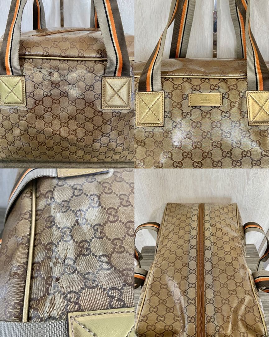 GUCCI ボストンバッグ　GG柄　クリスタル　シェリーライン　ゴールド　レザー