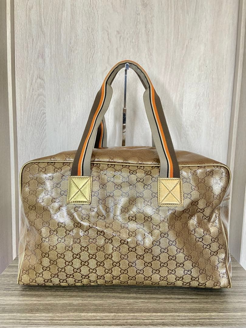 GUCCI ボストンバッグ　GG柄　クリスタル　シェリーライン　ゴールド　レザー