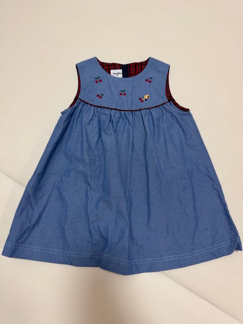 【美品】familiar＊デニムブルー ワンピース ジャンスカ さくらんぼ 80