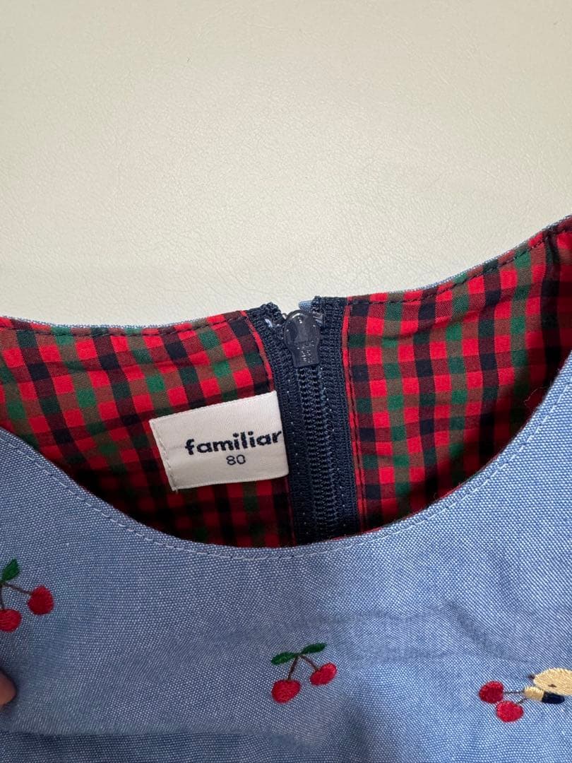 【美品】familiar＊デニムブルー ワンピース ジャンスカ さくらんぼ 80