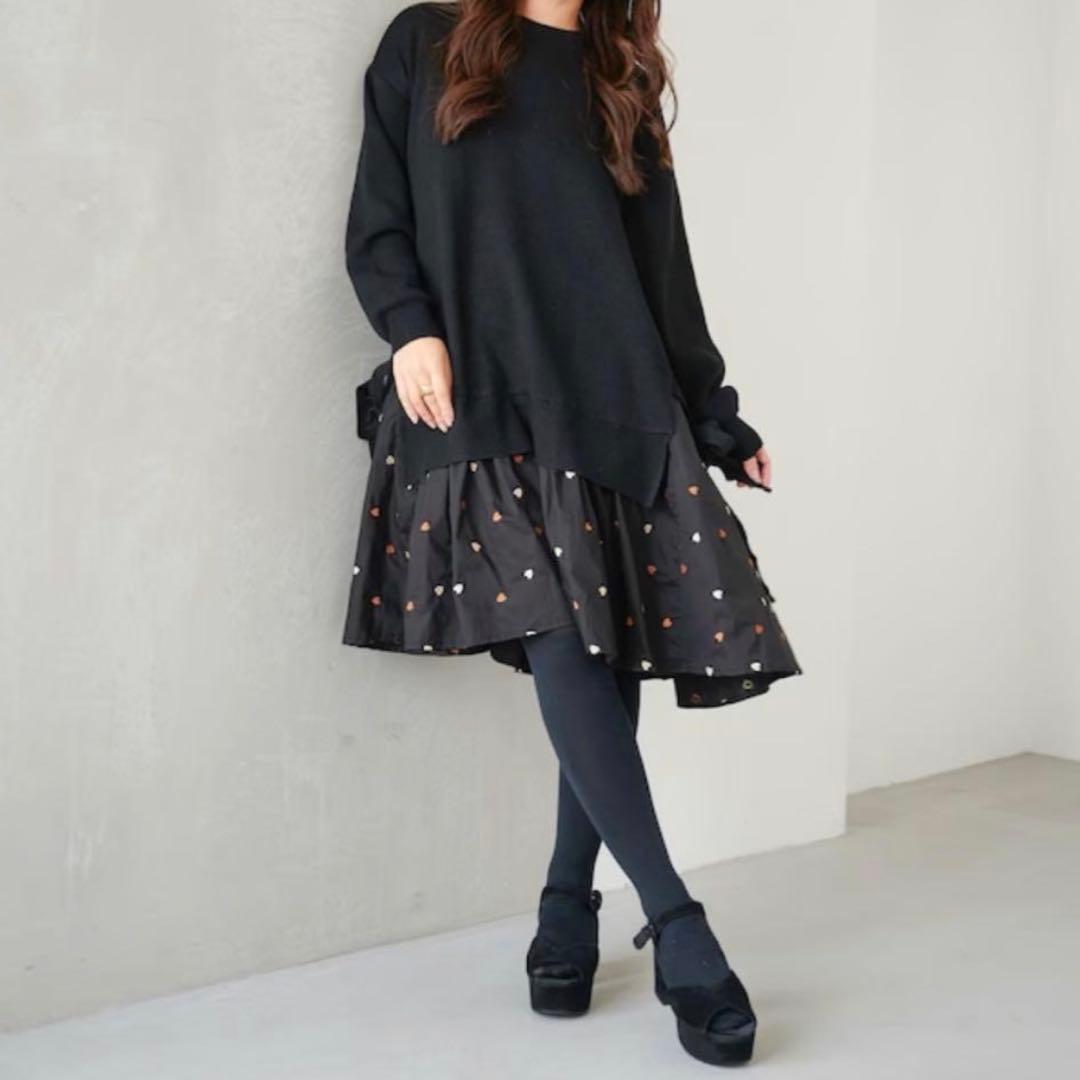 【極美品】OBLI ニットドッキングワンピース ブラック×ダークブラウン 0