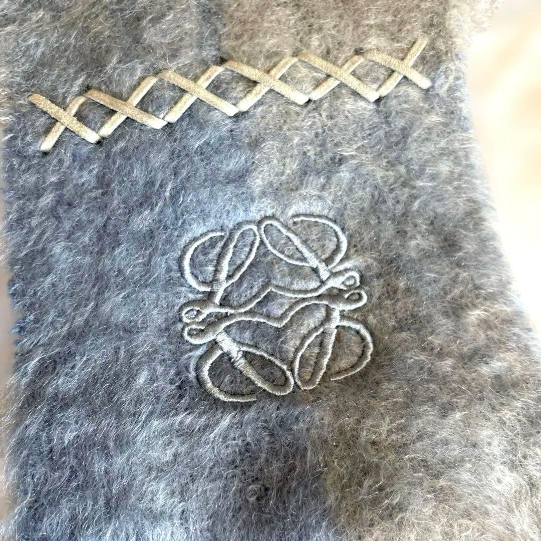 LOEWE ロエベ ライトブルー フリンジ付き アナグラム刺繍入りモヘアマフラー