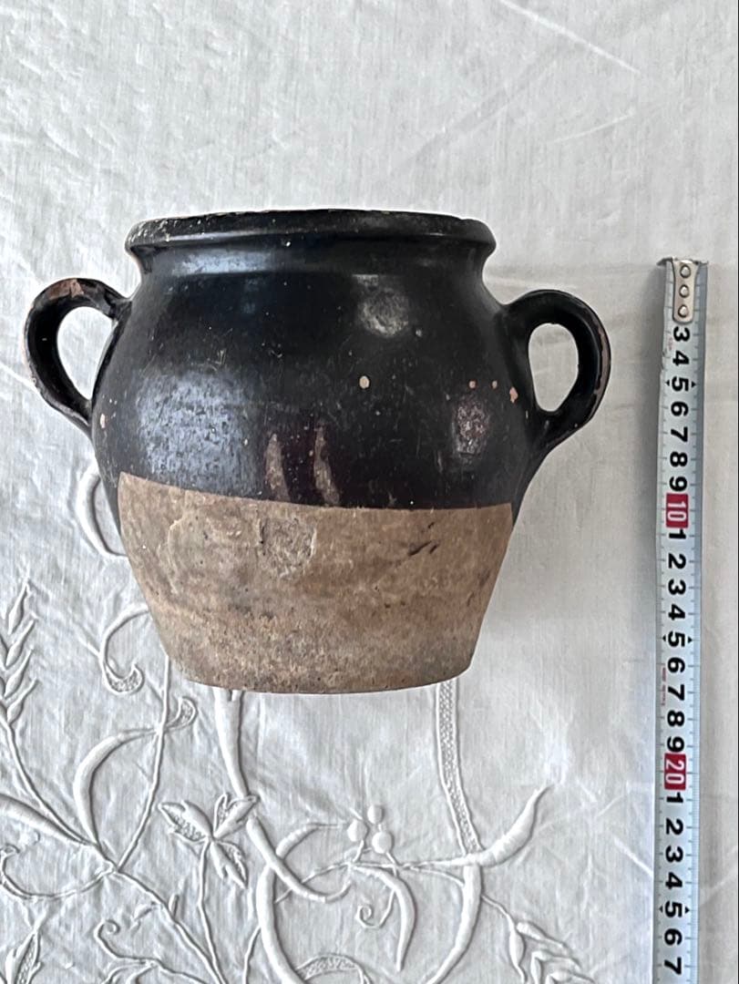フランスアンティーク 南仏陶器 黒釉テラコッタ 持ち手付 コンフィポット3726