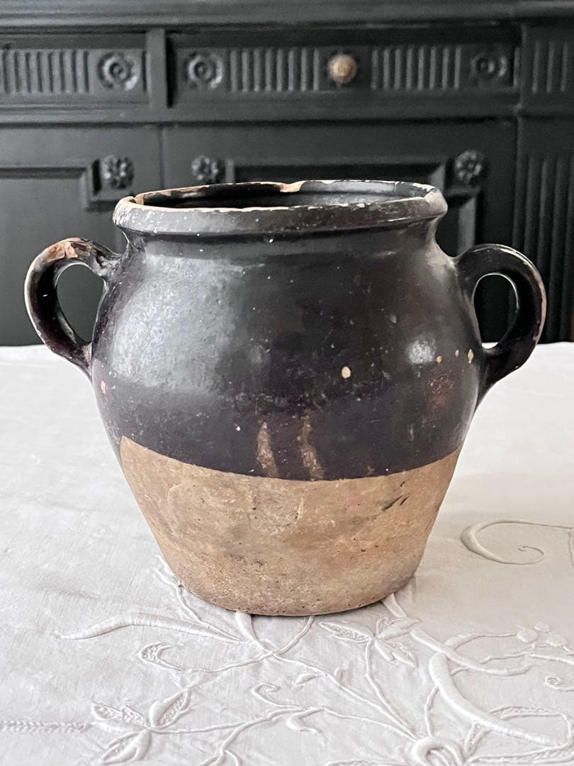 フランスアンティーク 南仏陶器 黒釉テラコッタ 持ち手付 コンフィポット3726