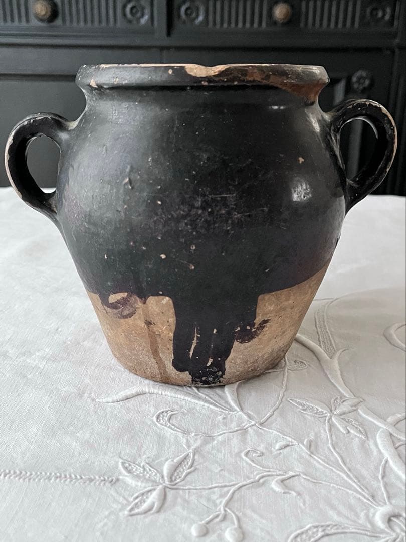 フランスアンティーク 南仏陶器 黒釉テラコッタ 持ち手付 コンフィポット3726