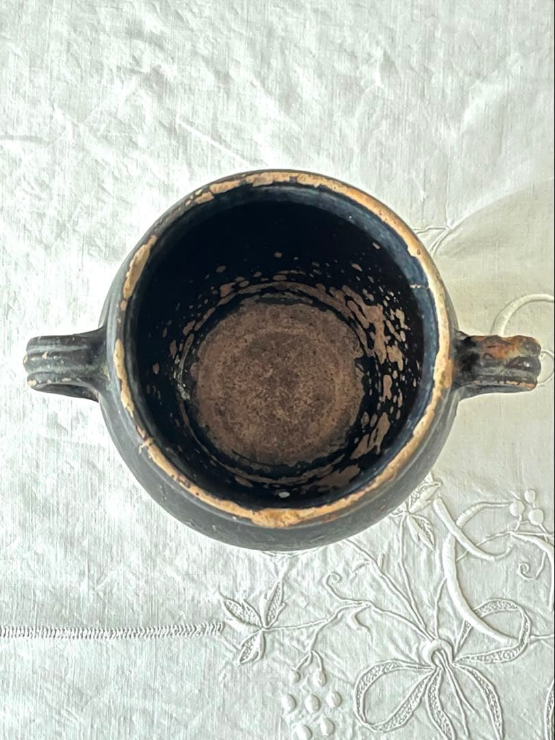 フランスアンティーク 南仏陶器 黒釉テラコッタ 持ち手付 コンフィポット3726